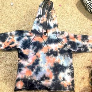 Peach, black and light blue crop top with hood. Worn up to 5 times